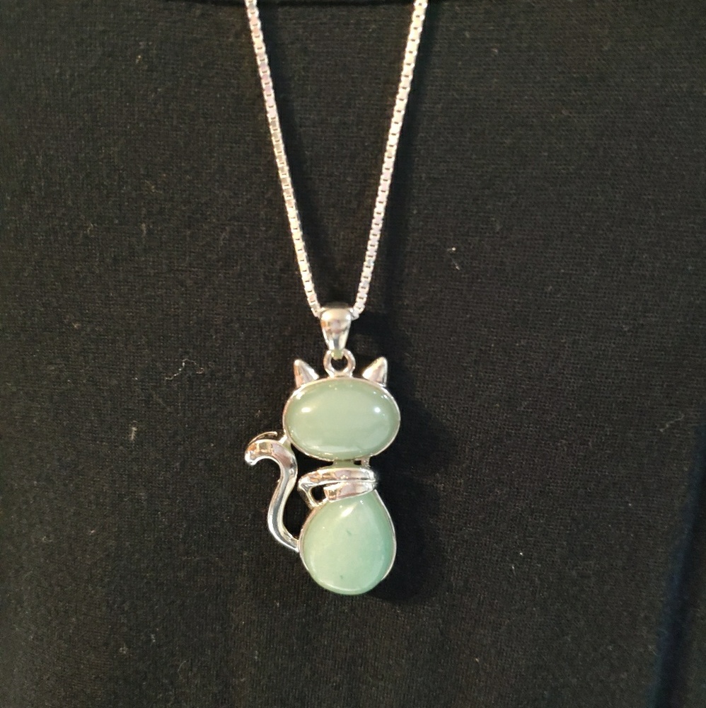 Natural jade stone pendant+silver long chain.